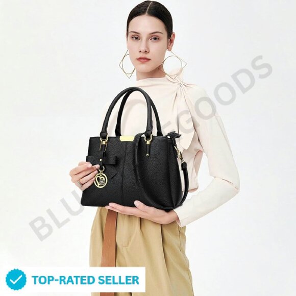 Top Handle Satchel Shoulder Bag 3 Zippered Compartments Minimal Chic Elegant - Picture 2 of 4